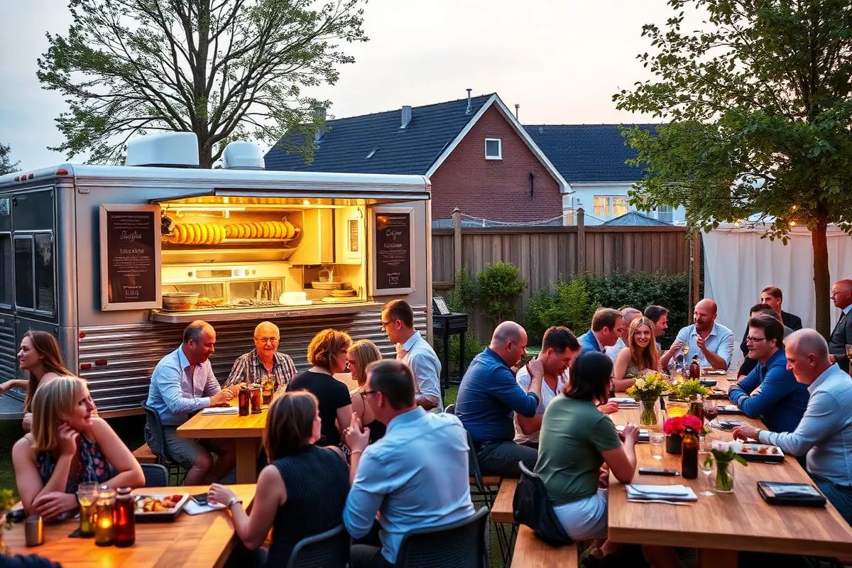 Lange borde i haven ved kebab foodtrucken til en udendørs fest i Silkeborg