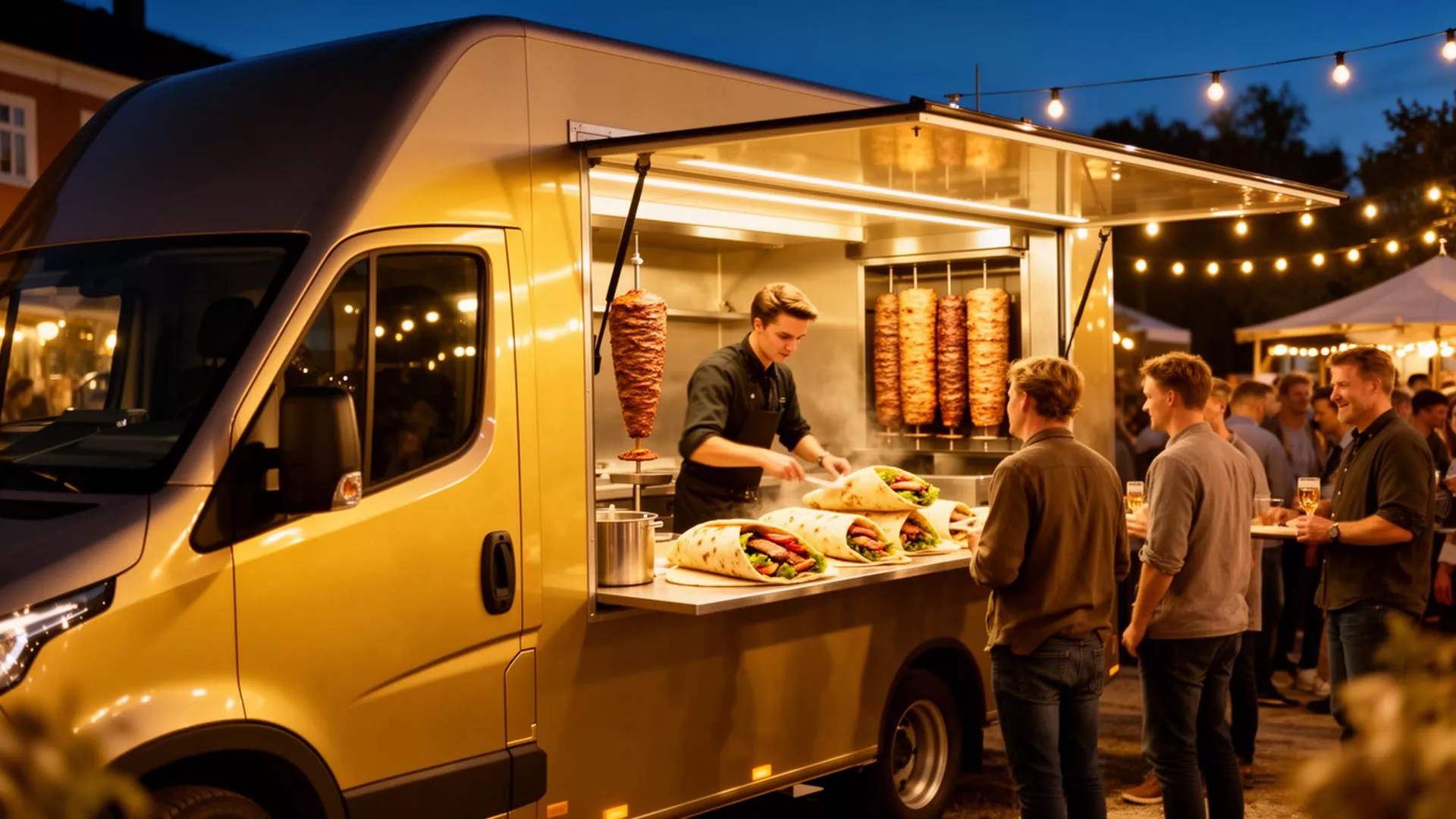 Kebab foodtruck med döner-spyd og gæster ved et aftenevent