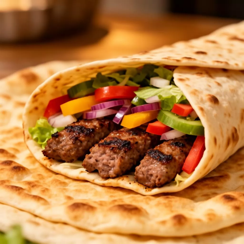 Kebabrulle med grillet kød, tomat og salat i fladbrød